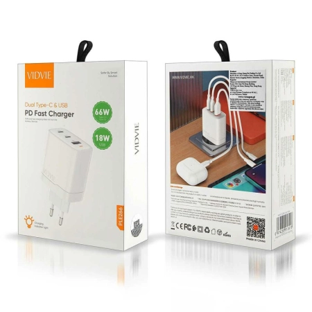 Ładowarka sieciowa 2xUSB-C PD 60W GaN +1xUSB QC3.0 Vidvie PLE266 biała